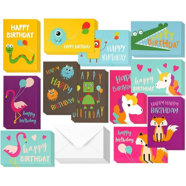 Bulk Happy Birthday Card with Envelopes Box Set and Kids in a Boxed Card Pack Assorted Blank Birthday Cards for Women Men Set of 24 Gold Foil Bulk Birthday Cards Assortment 